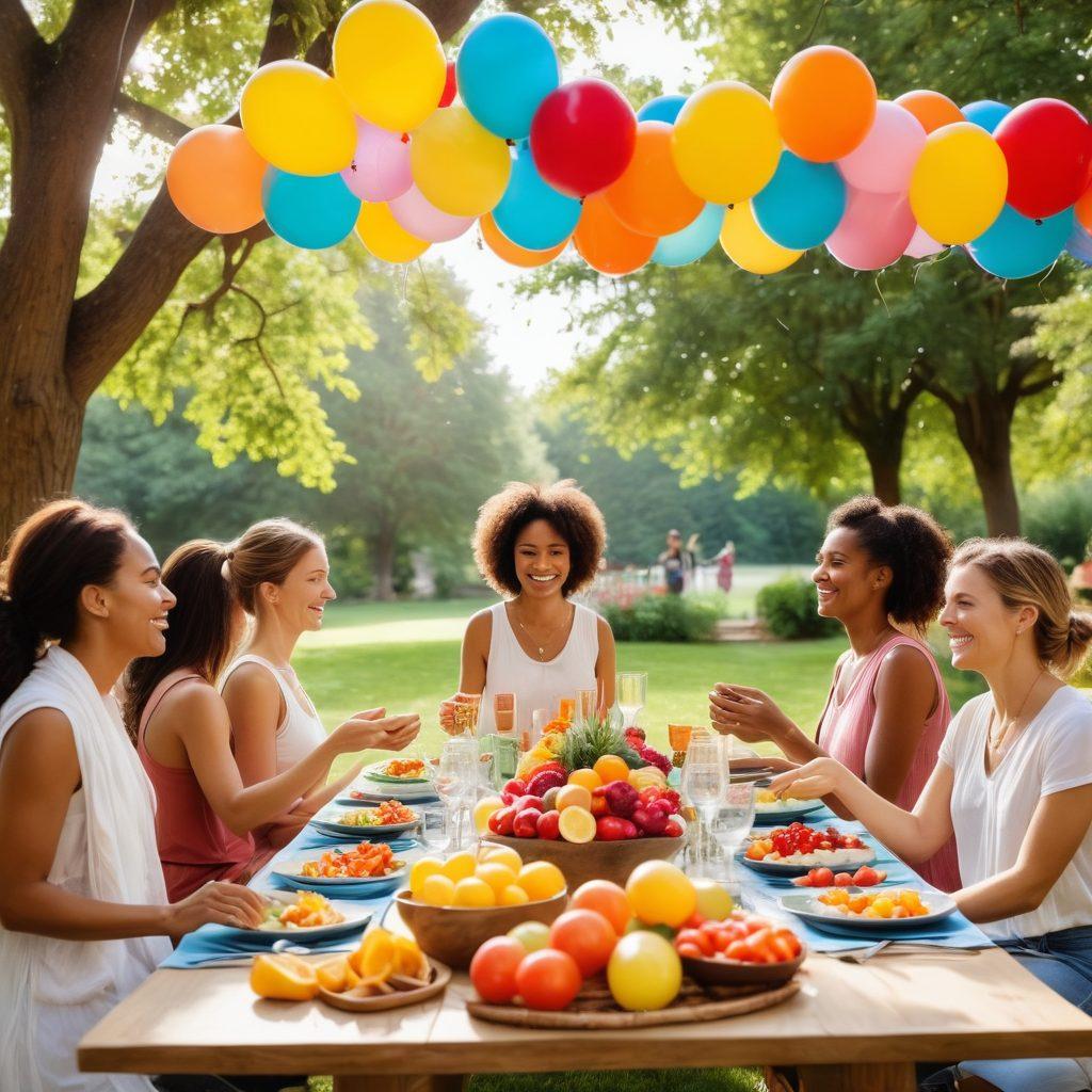 A bright and inviting scene depicting a diverse group of individuals engaging in joyful activities around a beautifully set table, adorned with healthy foods, candles, and flowers. The background features a sunny park with trees and people practicing yoga, meditating, and laughing together, symbolizing well-being and celebration. Include elements like colorful balloons and streamers for a festive touch. vibrant colors. super-realistic. cheerful atmosphere.