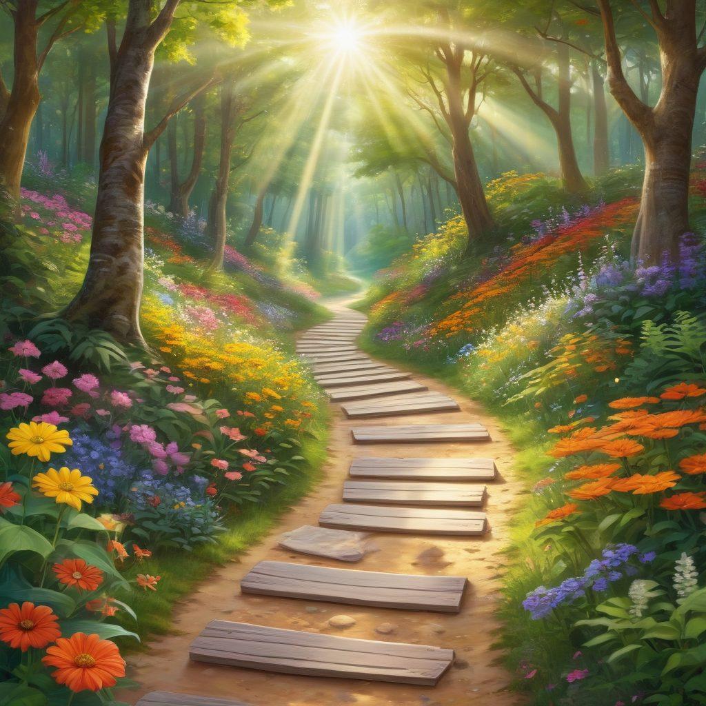 A vibrant, winding pathway through a lush, green forest, dotted with colorful flowers and smiling sun rays breaking through the trees. Along the path, cheerful characters of diverse backgrounds are engaging in joyful activities like painting, yoga, and reading. Soft, warm colors in the background create a sense of peace and happiness. super-realistic. vibrant colors. bright and inviting.