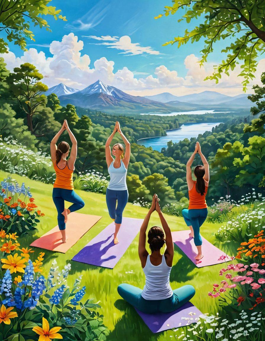 A serene landscape with a sunny sky, depicting a diverse group of people engaging in joyful activities like yoga, hiking, and painting. Incorporate elements of nature, such as blooming flowers and lush greenery, to symbolize health and happiness. Add a vibrant color palette to evoke positivity and warmth. super-realistic. vibrant colors. white background.